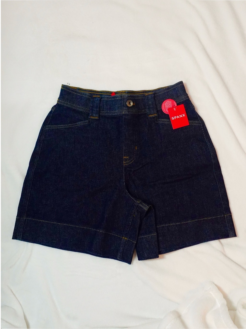 SPANX Dark Indigo Denim Shorts with Red Tag